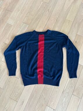 Prada Navy Crewneck Sweater with Red Center Stripe Wool Viscose Blend Size S